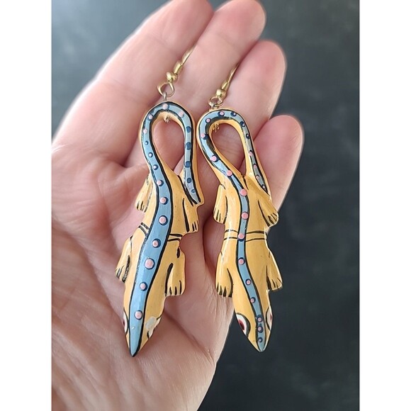 Painted Wooden Dangling Salamander Earrings Vintage Costume Jewelry NOS - Picture 2 of 10